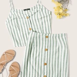 Button Up Vertical Striped Cami Top & Skirt Set
